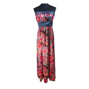 Vintage Forever 21 Blue Red Floral Strapless Maxi Satin Dress Size L Y2K Boho